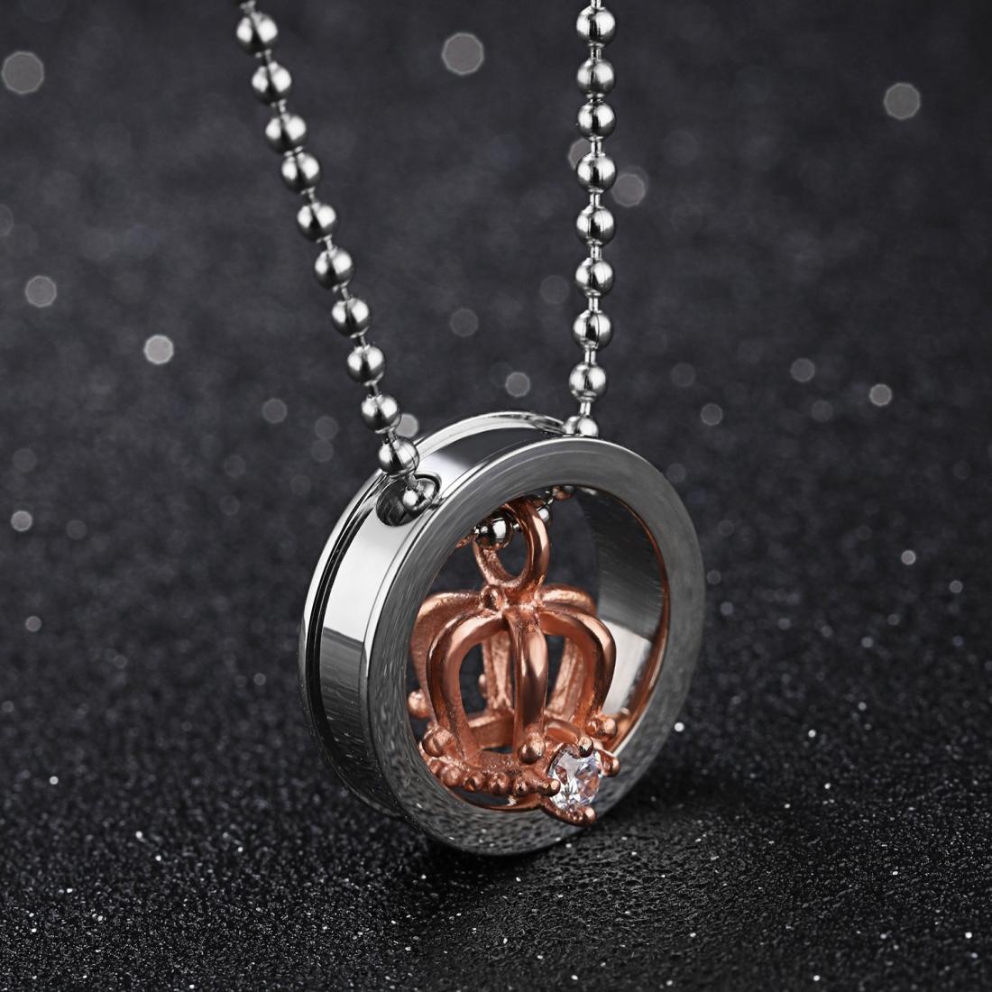 OPK Crown Rhinestone Titanium Steel Couple Necklace Pendant without Chain (Rose Gold)