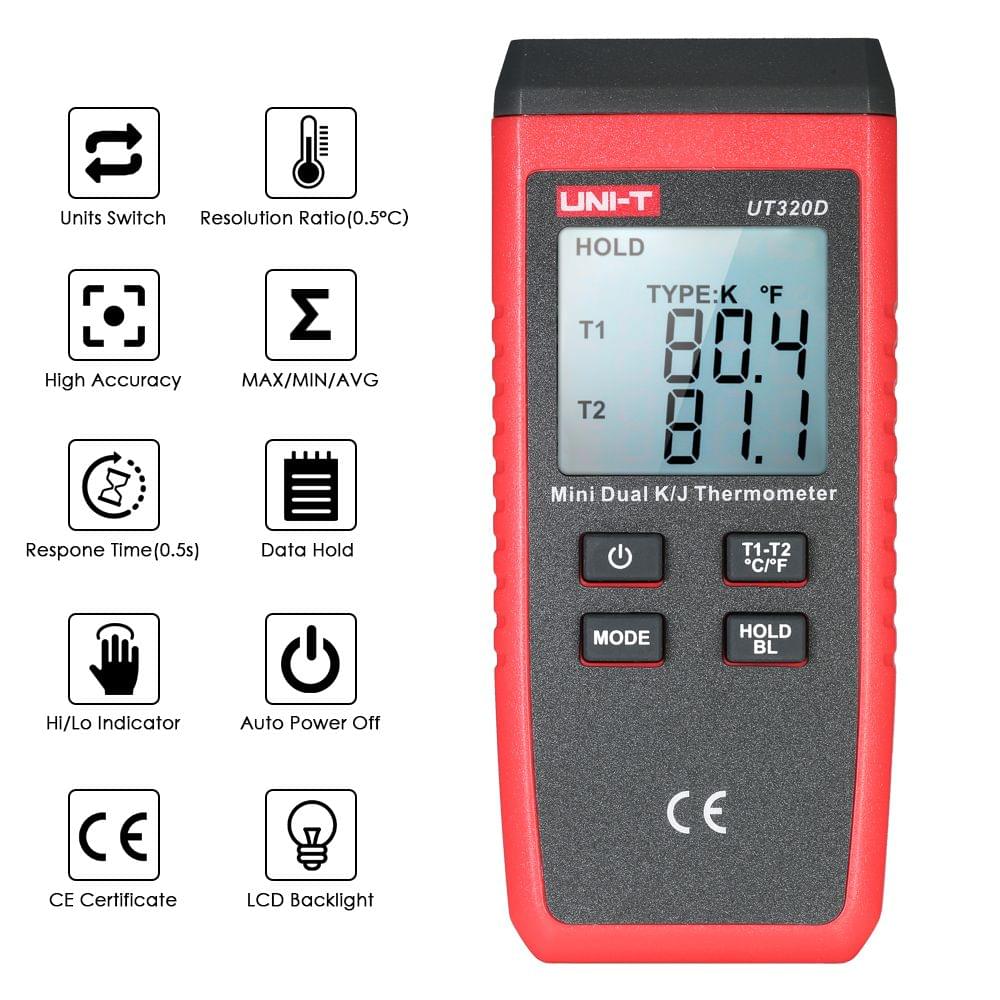 UNI-T UT320D Mini LCD Digital Thermometer 2-Channel Type K/J - 2-Channel