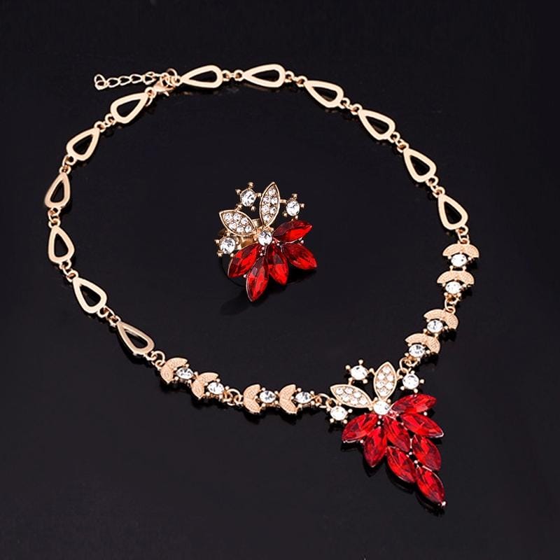 2 PCS Women Fashion Diamond-shape Leaves Flowers Necklaces Rings Jewelry Set (Red)