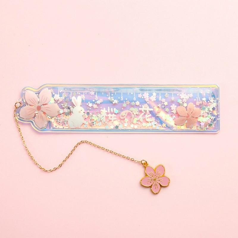 Cute Cartoon Quicksand Drawing Ruler Student Pendant Bookmark Stationery (Sakura Rabbit)