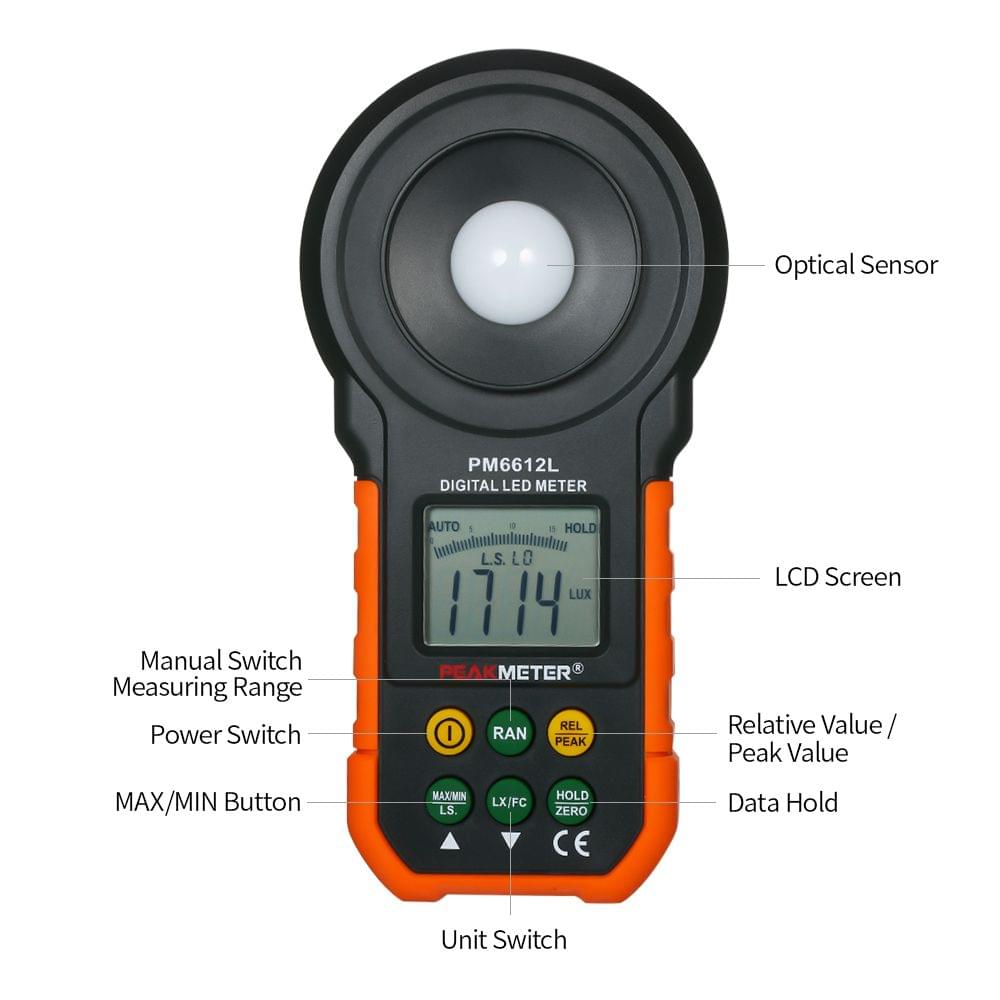 PEAKMETER High Accuracy Digital Lux Meter LCD Display - With Measuring LED Function