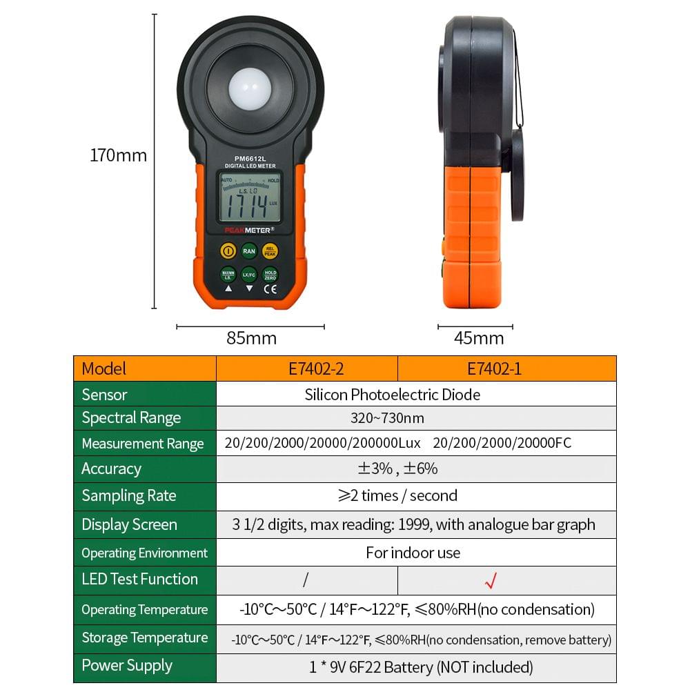 PEAKMETER High Accuracy Digital Lux Meter LCD Display - With Measuring LED Function