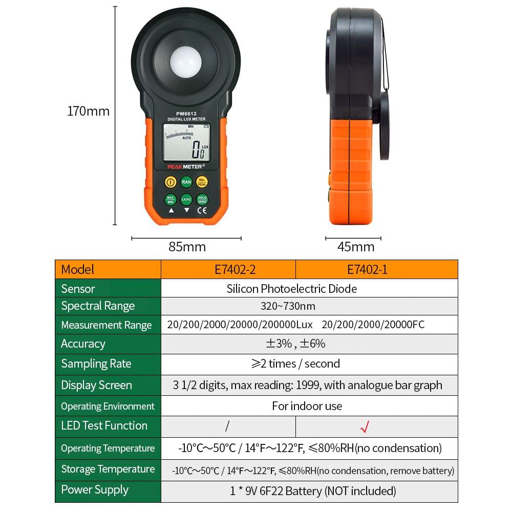 PEAKMETER High Accuracy Digital Lux Meter LCD Display - Without Measuring LED Function