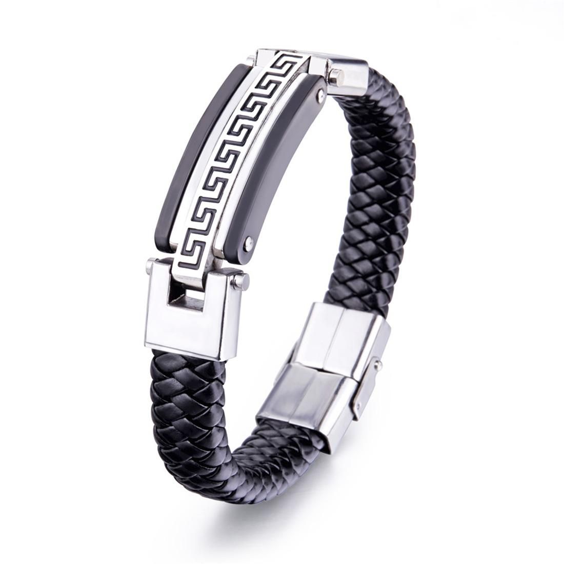 Mens Fashion Jewelry Punk Retro Titanium Steel Wristband Braided Leather Bracelet, Size: 21.5cm (Silver)