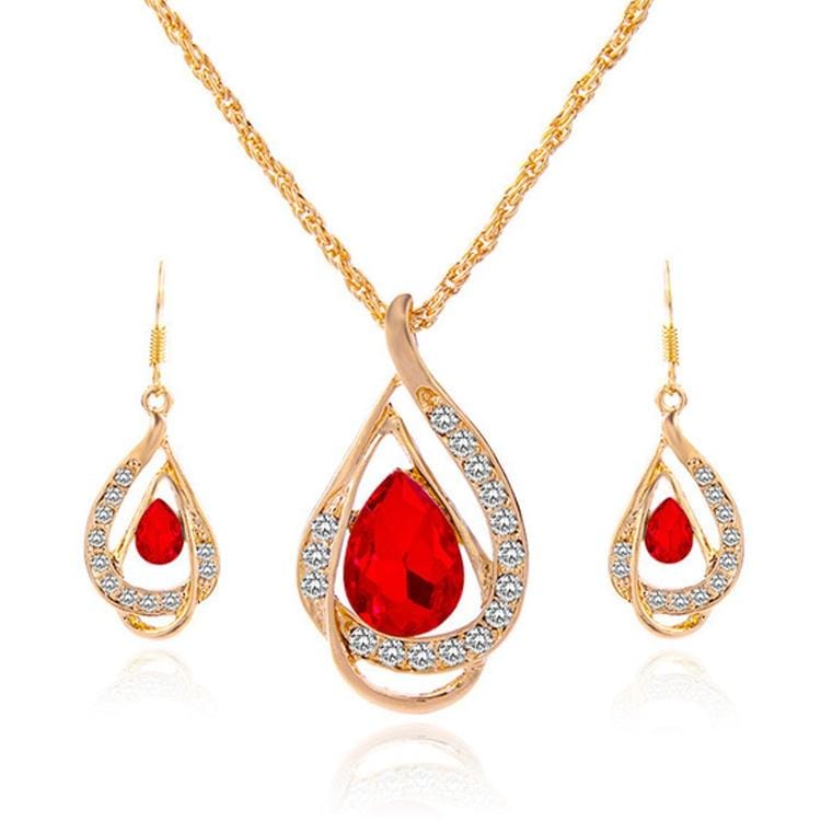 2 Sets Fashion Double Layer Water Drop Crystal Jewelry Sets for Women (Red)