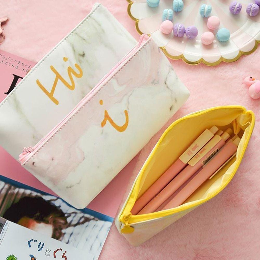 Cute Leather Marble Letter Storage Pouch Pen Box Stationery Office School Supplies (Pink i)