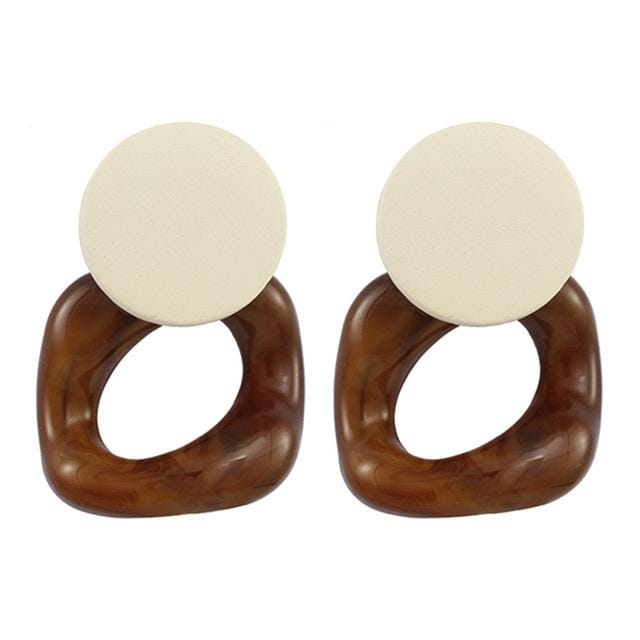 2 Pairs Women Fashion Big Resin Drop Wood Square Earrings (White Brown)