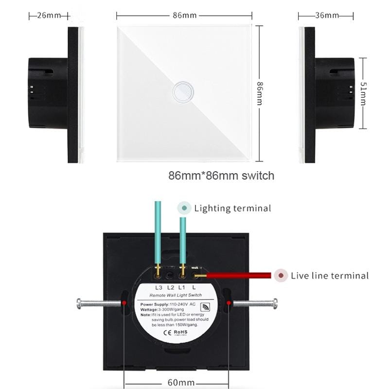 D6-01 86mm Wall Touch Switch, Tempered Glass Panel, 1 Gang 1 Way, EU / UK Standard (White)