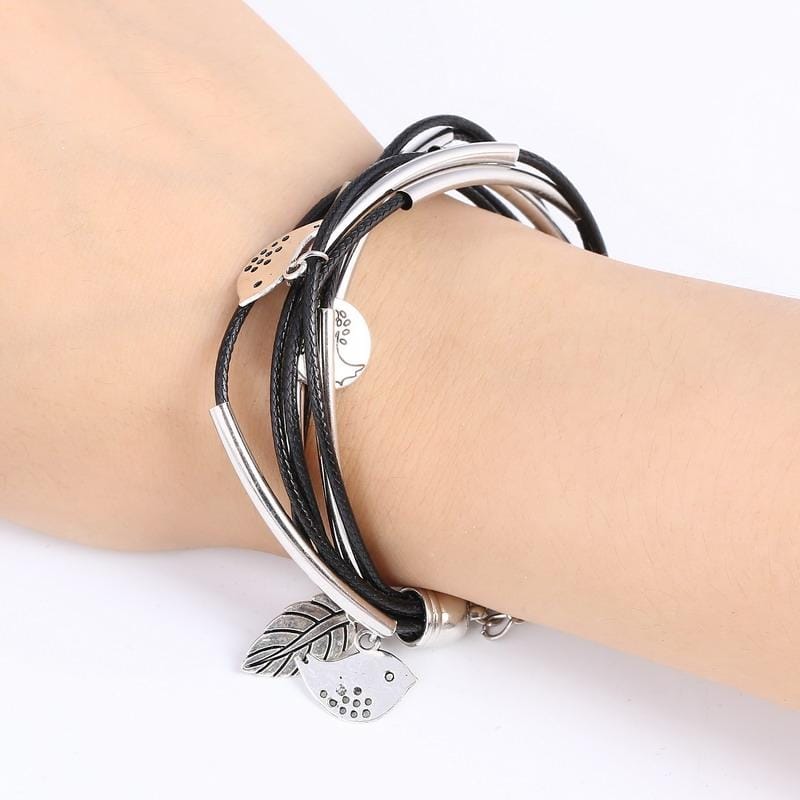 3PCS Silver Charm Leaves Tibetant Silver Multilayer Bracelets (Black)