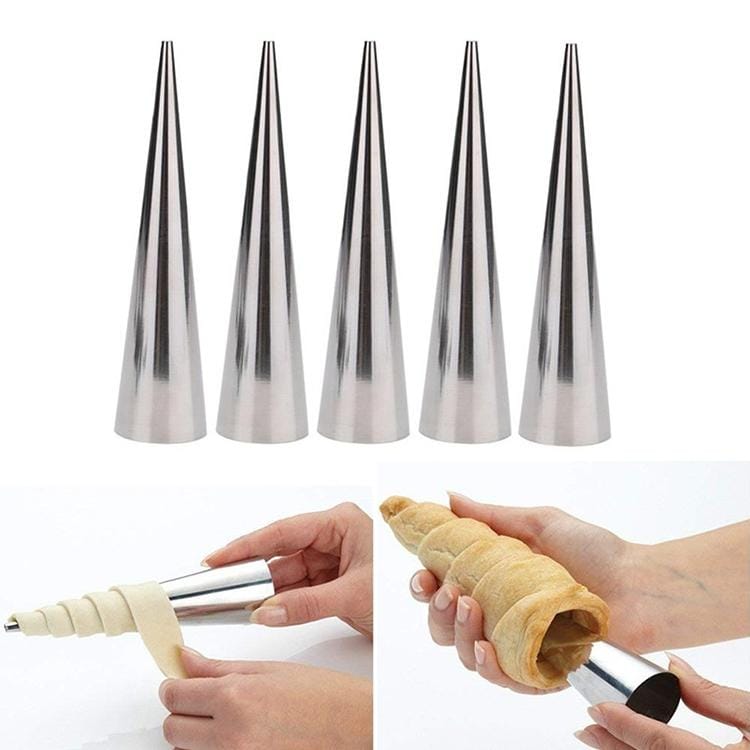 5 PCS Cone Roll Moulds Stainless Steel Spiral Nozzle Croissants Pastry Cream Horn Cake Mold (Large 12x3x3cm)