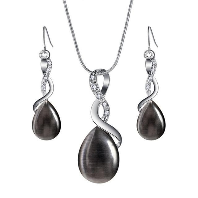 Women Fashion Opal Water Drop Necklace Pendant Earrings Bridal Wedding Jewelry Sets (Black)