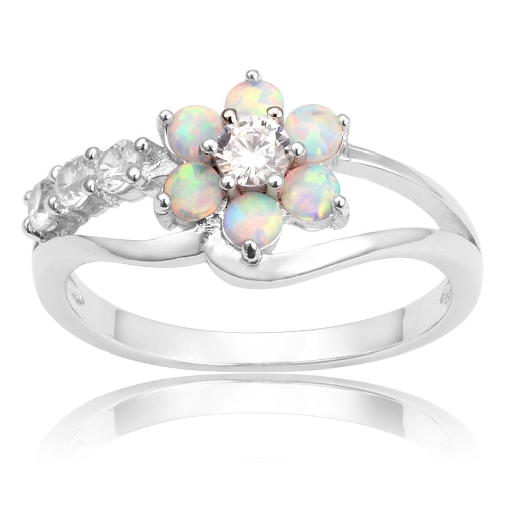 925 Silver Women Opal Flower Ring Jewelry, Ring Size:6 (Blue)