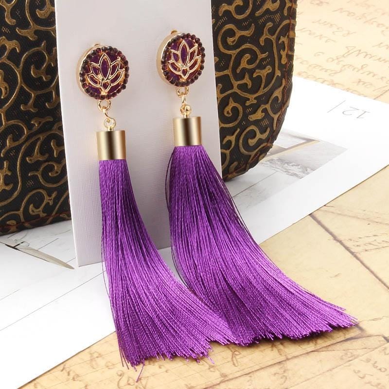 Bohemian Long Tassel Vintage Statement Drop Earrings for Women (Purple)