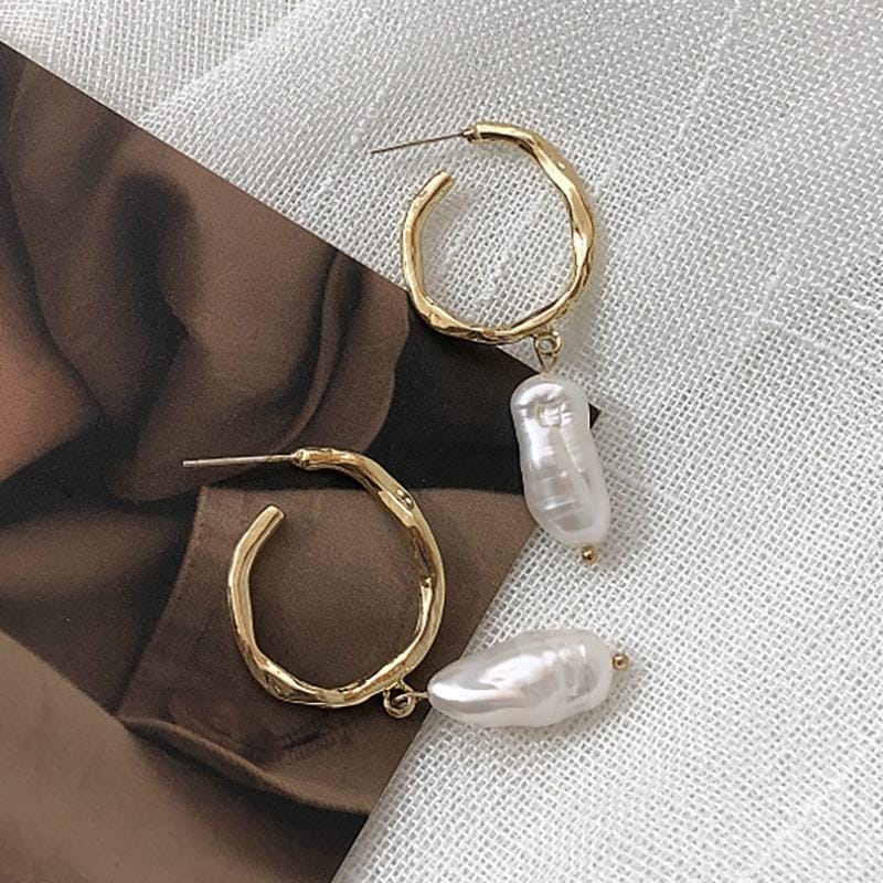 Freshwater Pearl Hoop Earrings Sterling Silver Pin Geometric Circle Earrings Women Jewelry (Gold)