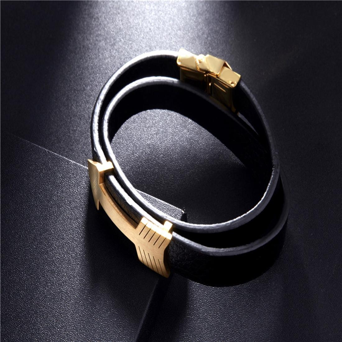 Mens Fashion Jewelry Punk Dual Row Snake Pattern Arrow Decor Wristband Leather Bracelet, Size: 40cm (Gold)