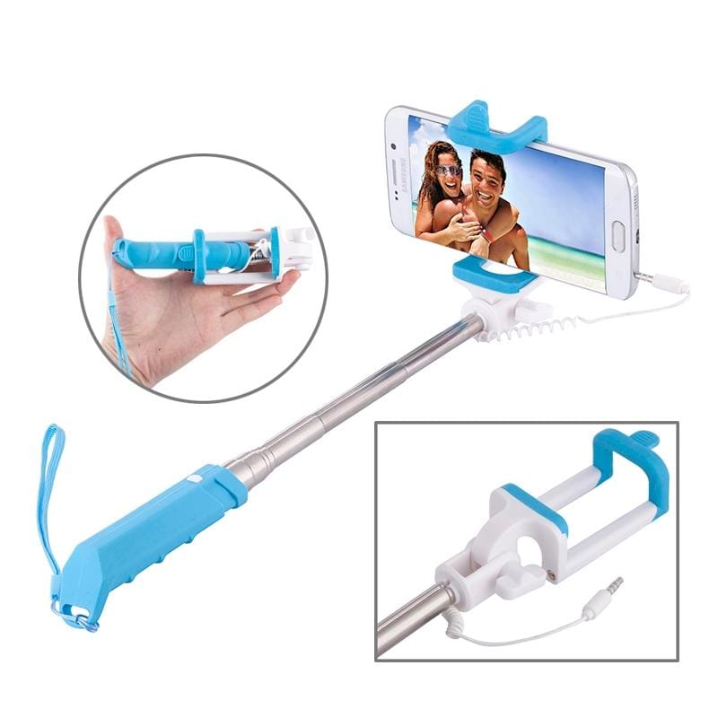 Portable Mini Wire Controlled Rainbow Selfie Stick Monopod Folding Extendable Pocket Handheld Holder for iOS & Android Phone, Folded Length: 15.5cm, Max Extension Length: 61.0cm (Blue)