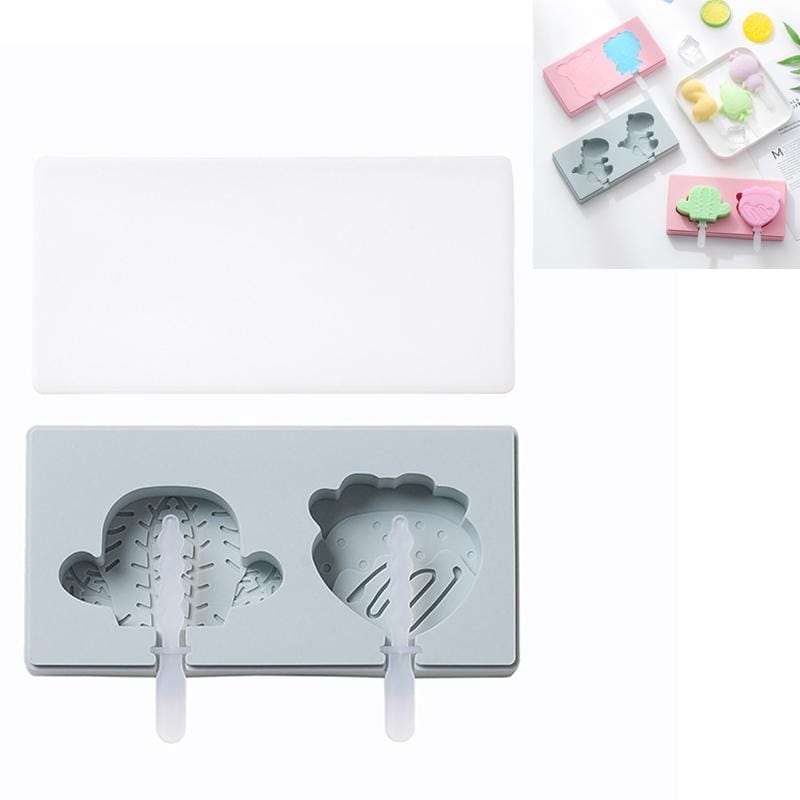 3 PCS Homemade Handmade DIY Cartoon Fruit with Lid Silicone Ice Cream Mold Making Ice Tray, Style:Cactus Strawberry (Blue)