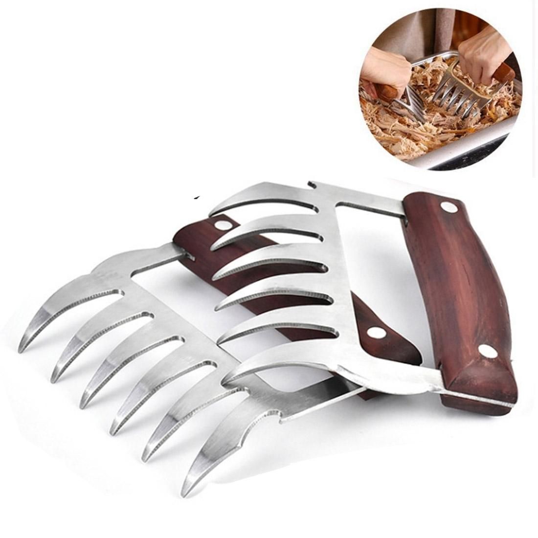 2 PCS Bear Claw Shaped stainless steel Barbecue Fork Chicken Shredded Wooden Handle  Anti-skid Creative Kitchen Fork Claw Meat Claw Splitter with (Redwood)