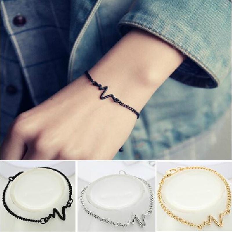 3PCS Women Fashion Simple Waves Heart Rate Lightning Summer Style Beach Bracelets (gold)