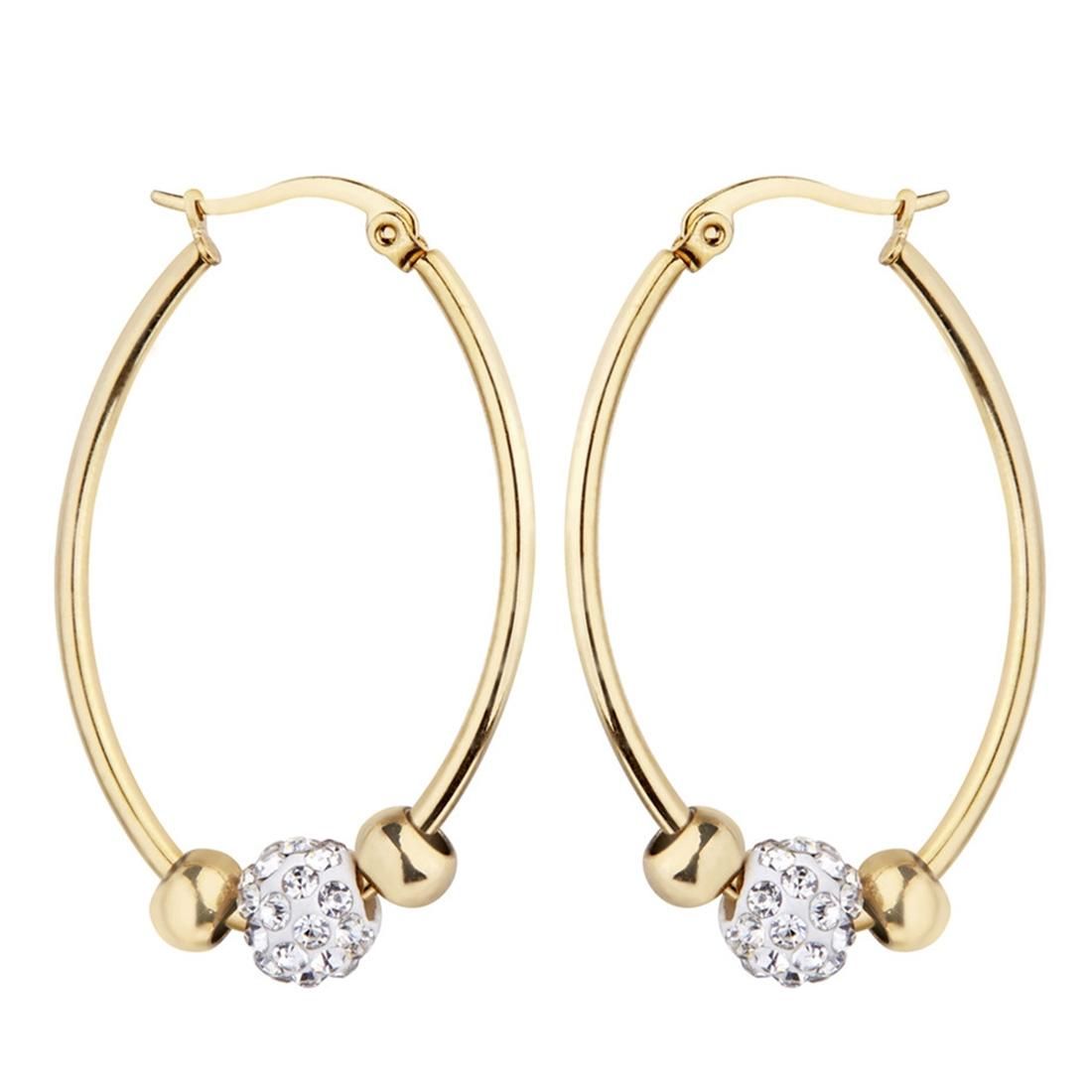 Women Wedding Fashion Jewelry Crystal Inlaid Beaded Titanium Steel Hoop Earrings (Gold)