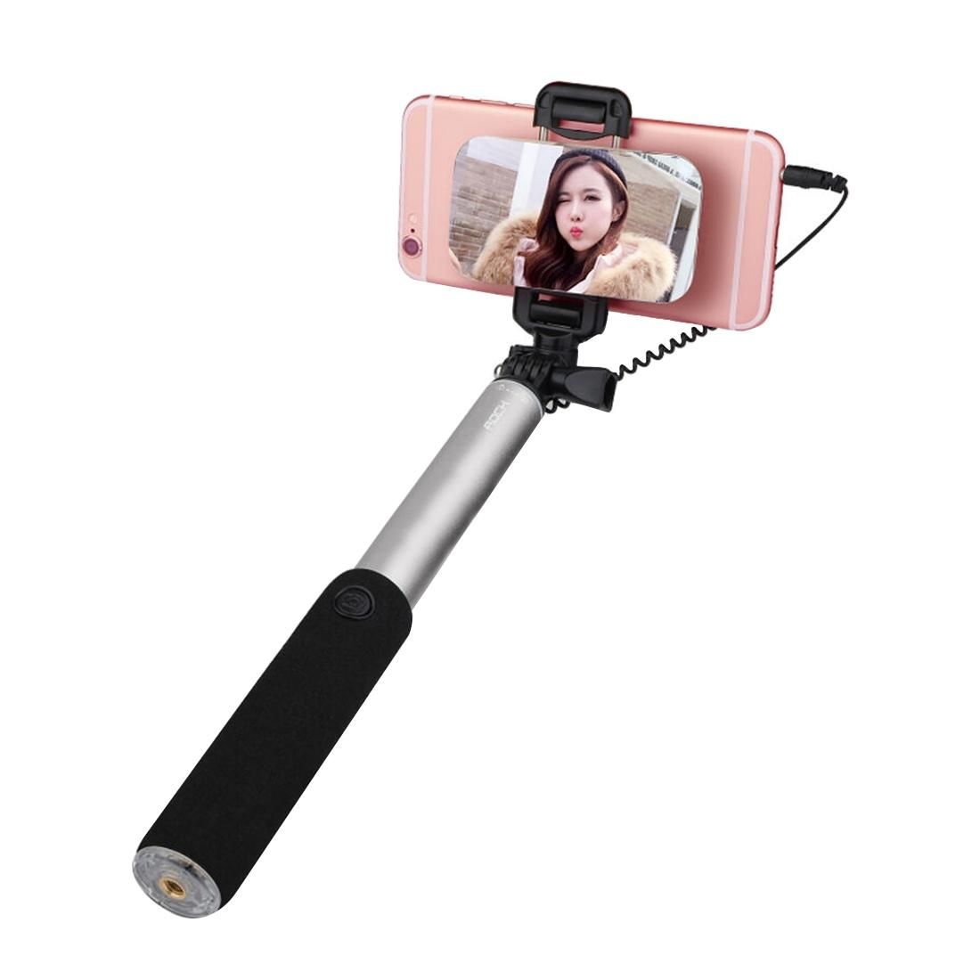 ROCK Portable Wire Controlled Monopod Folding Extendable Handheld Holder Selfie Stick with Dressing Mirror for iOS & Android Phone, Folded Length: 24.5cm, Max Extension Length: 90.0cm (Gold)