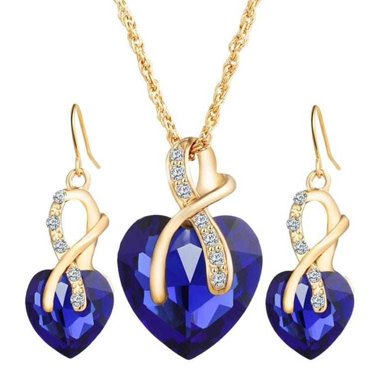 3 PCS / Set Women Heart Shaped Crystal Zircon Earring Necklace Jewelry Set (Blue)