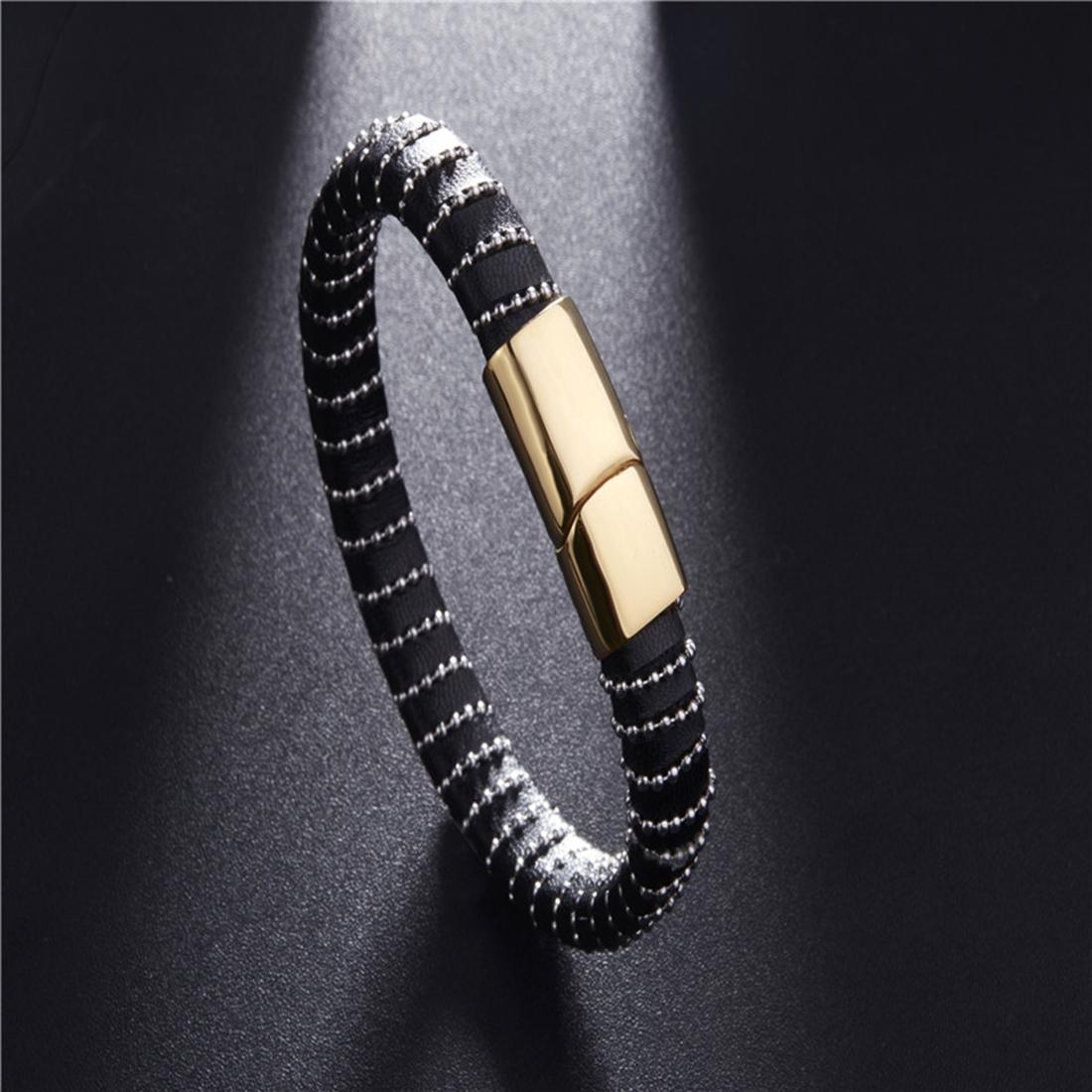 Mens Fashion Jewelry Punk Retro Beaded Detail Wristband Leather Bracelet, Size: 21.5cm (Gold)