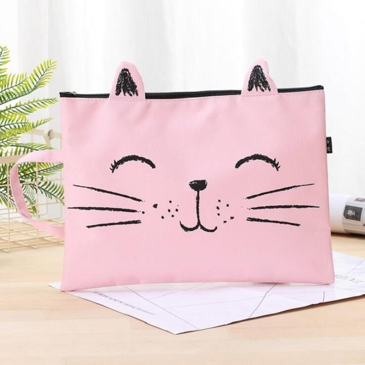 Cat Pattern Zipper Canvas File Bag Student Paper Storage Bag Tote Bag (Yellow)