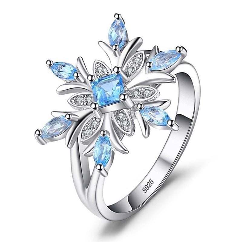 Fashion 925 Sterling Silver Snowflake Flower Blue Topaz Ring Jewelry Women, Ring Size:7