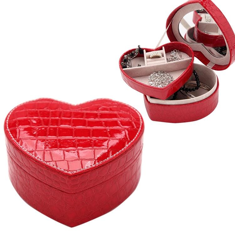 Two-layer Heart Shape Small Jewelry Box Synthetic Leather Rings and Earrings Mirrored Travel Storage Case (Red)