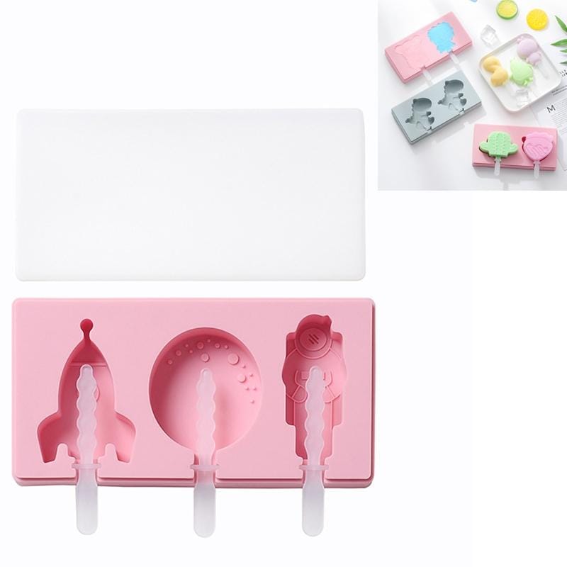 3 PCS Homemade Handmade DIY Cartoon Fruit with Lid Silicone Ice Cream Mold Making Ice Tray, Style:Moon Landing Plan (Pink)