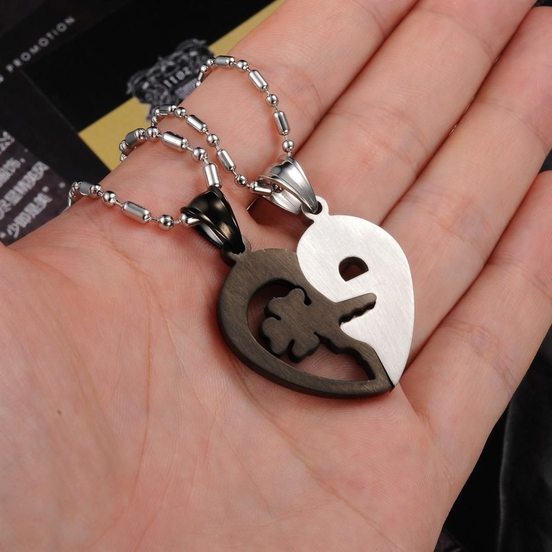 OPK Heart and Heart Black and White Puzzle Couple Necklace Pendant without Chain