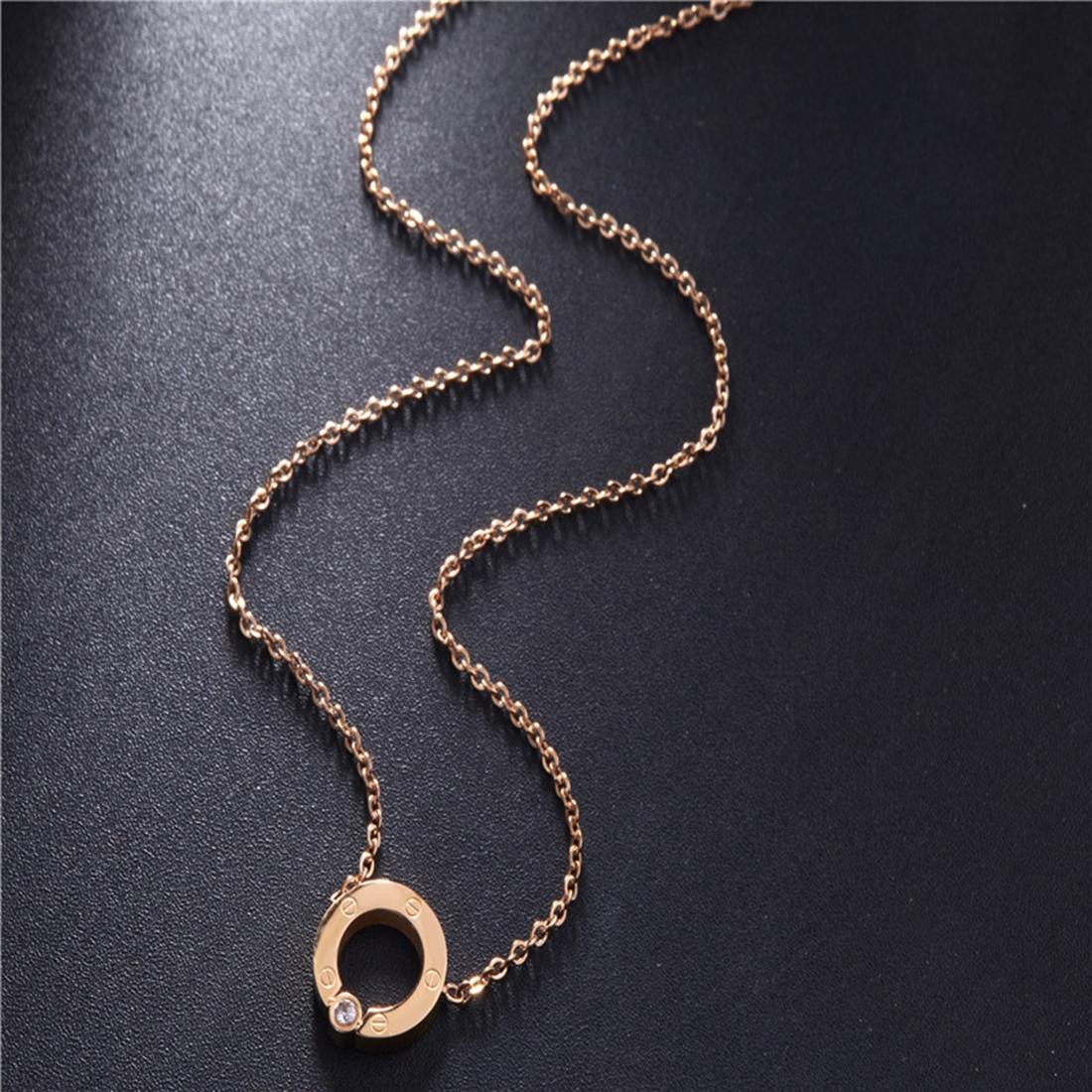 Women Fashion Jewelry Crystal Inlaid Circle Pendant Titanium Steel Chain Necklace, Chain Length: 45cm (Rose Gold)