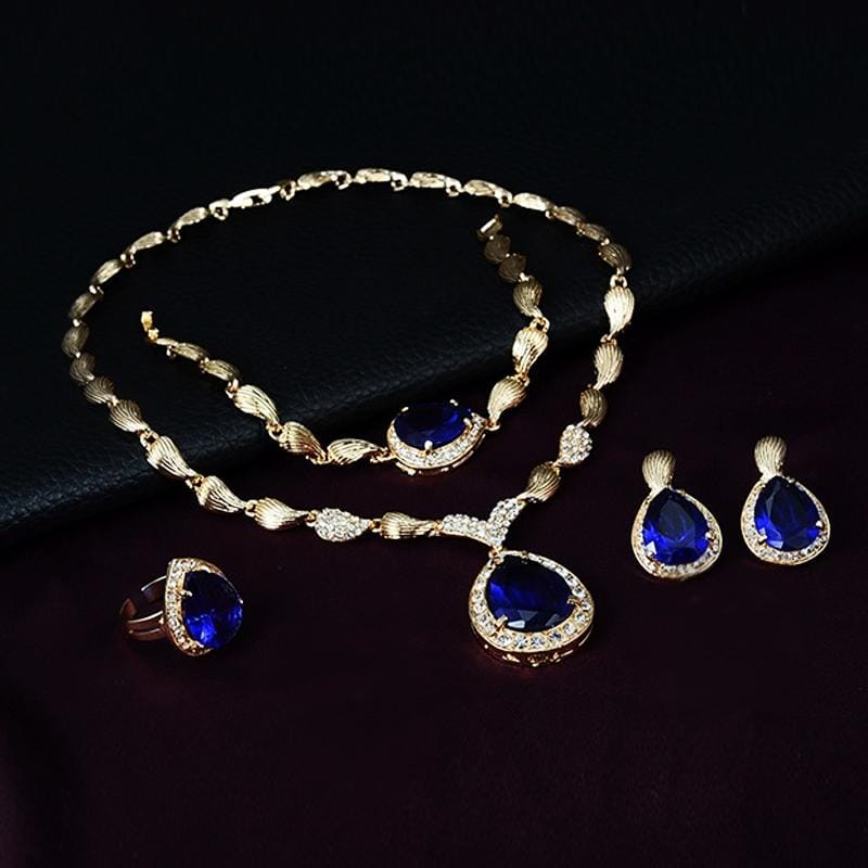 4 PCS Fashion Queen Drops Shape Alloy Gold Plated Necklace Earrings Bracelet Ring Jewelry Set (Blue)