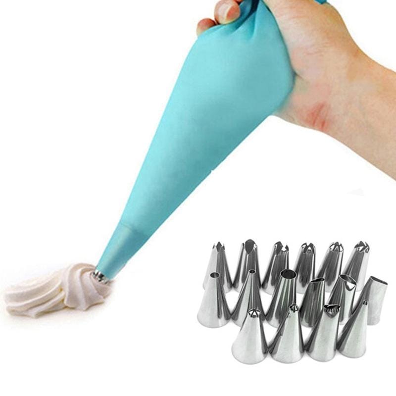 2 Sets Reusable Silicone Pastry Bag Cake Decorating Tools with 16 Nozzles Tips (Blue)