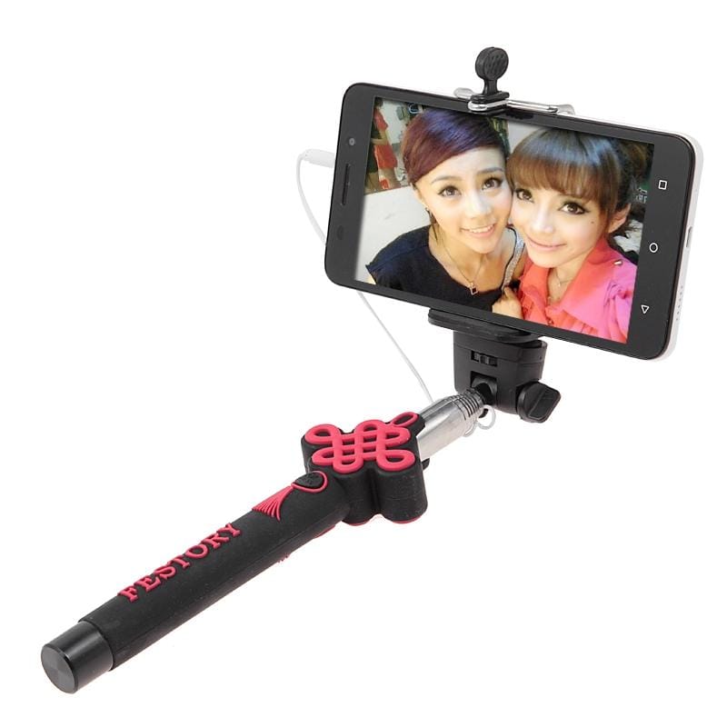 KX-M02 3D Chinese Knot Pattern Wire Controlled Selfie Stick Monopod Extendable Handheld Holder for Camera / Cellphone, Max Length: 90cm (Black)