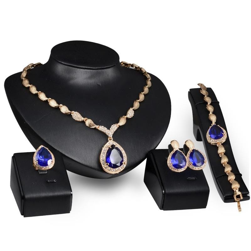 4 PCS Fashion Queen Drops Shape Alloy Gold Plated Necklace Earrings Bracelet Ring Jewelry Set (Blue)