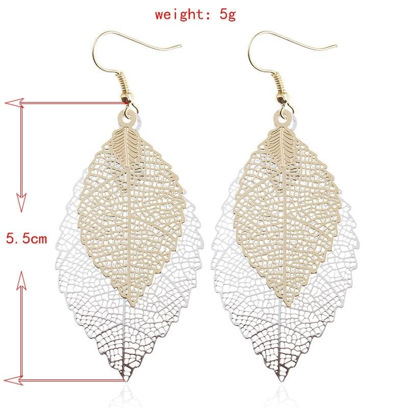 Double-layered Leaves Tassel Earrings Simple Retro Metal Leaf-ears Ornaments (Gold Silver)