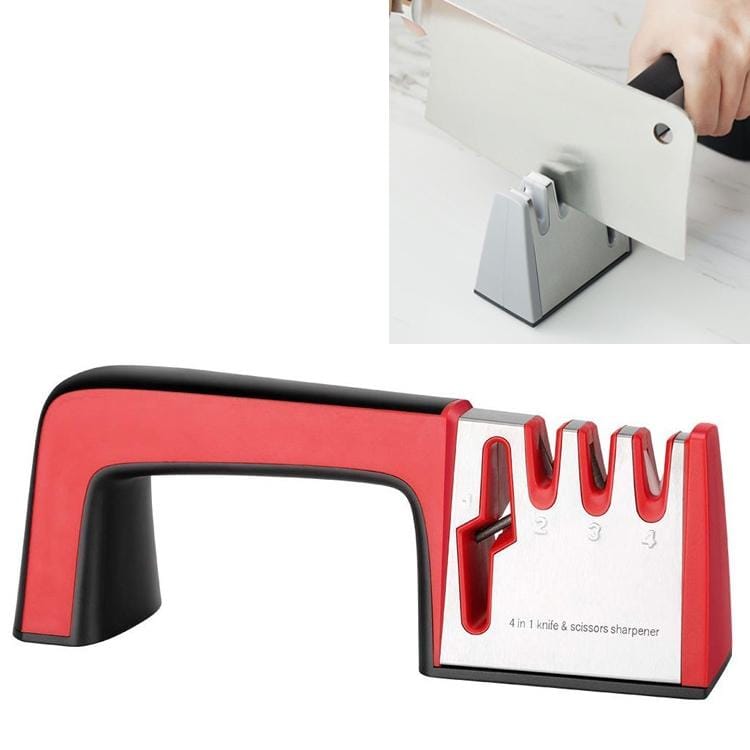 4 in 1 Stainless Steel Knife Sharpener Four Section Hand-held Quick Sharpening Tool with Non Slip Handle (Red)