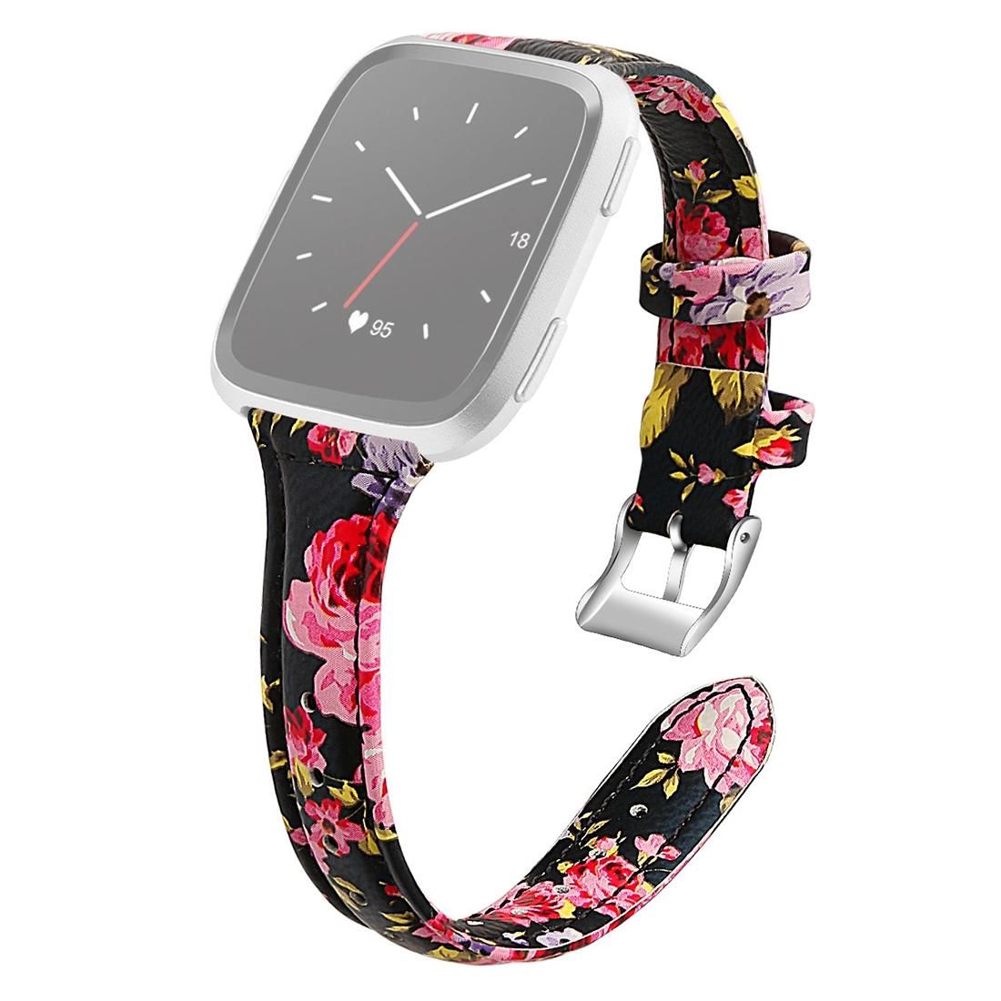 For Fitbit Versa 2 Smart Watch Genuine Leather Wrist Strap Watchband, Shrink Version (Pink Flower)