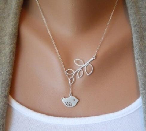 Women Fashion Lovely Chic Long Silver Sweater Chain Pendant Necklaces (Leaf and pearl)