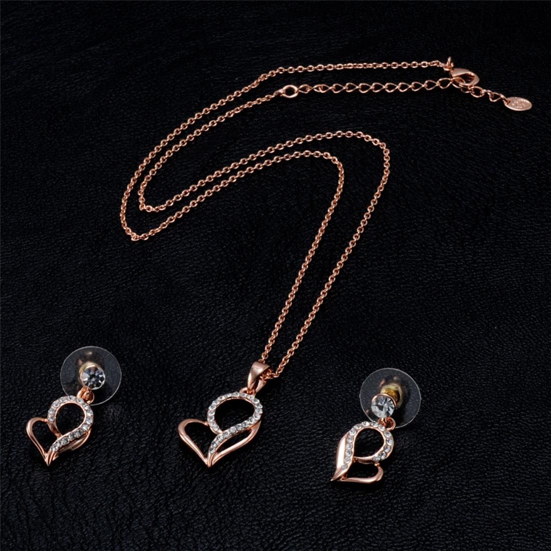 Rose Gold Heart-shaped Crystal Necklace and Earrings Set for Female, Chain Length: 47cm