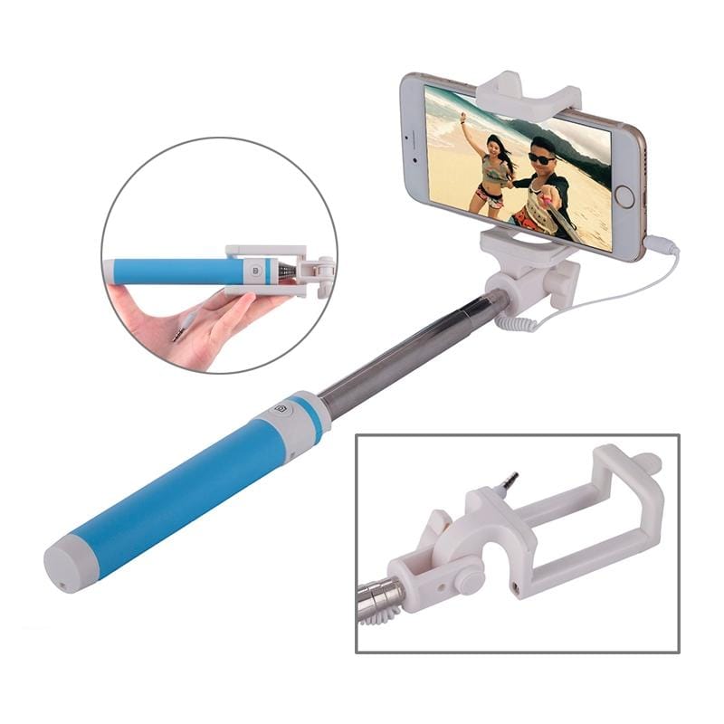 Portable Wire Controlled Macarons Selfie Stick Monopod Folding Extendable Pocket Handheld Holder, For iPhone, Galaxy, Huawei, Xiaomi, LG, HTC and Other Smart Phones, Folded Length: 18.9cm, Max Extension Length: 81.6cm (Blue)