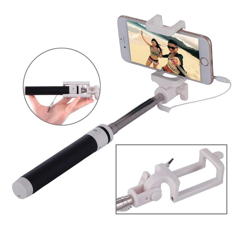 Portable Wire Controlled Macarons Selfie Stick Monopod Folding Extendable Pocket Handheld Holder, For iPhone, Galaxy, Huawei, Xiaomi, LG, HTC and Other Smart Phones, Folded Length: 18.9cm, Max Extension Length: 81.6cm (Black)