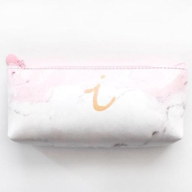 Cute Leather Marble Letter Storage Pouch Pen Box Stationery Office School Supplies (Pink i)