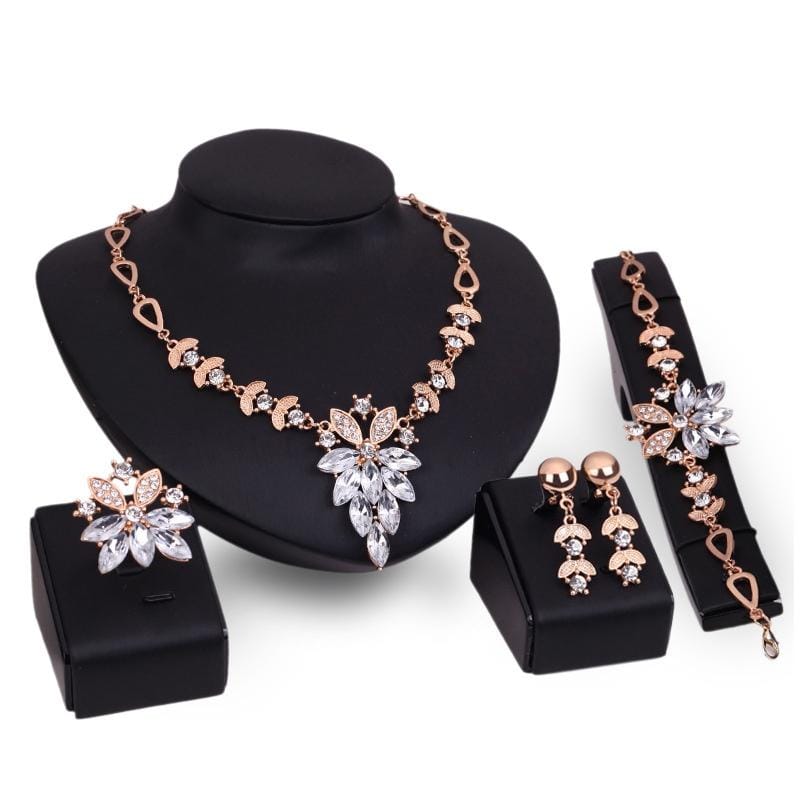 4 PCS Women Fashion Diamond-shape Leaves Flowers Necklaces Rings Bracelets Earrings Jewelry Set (White)