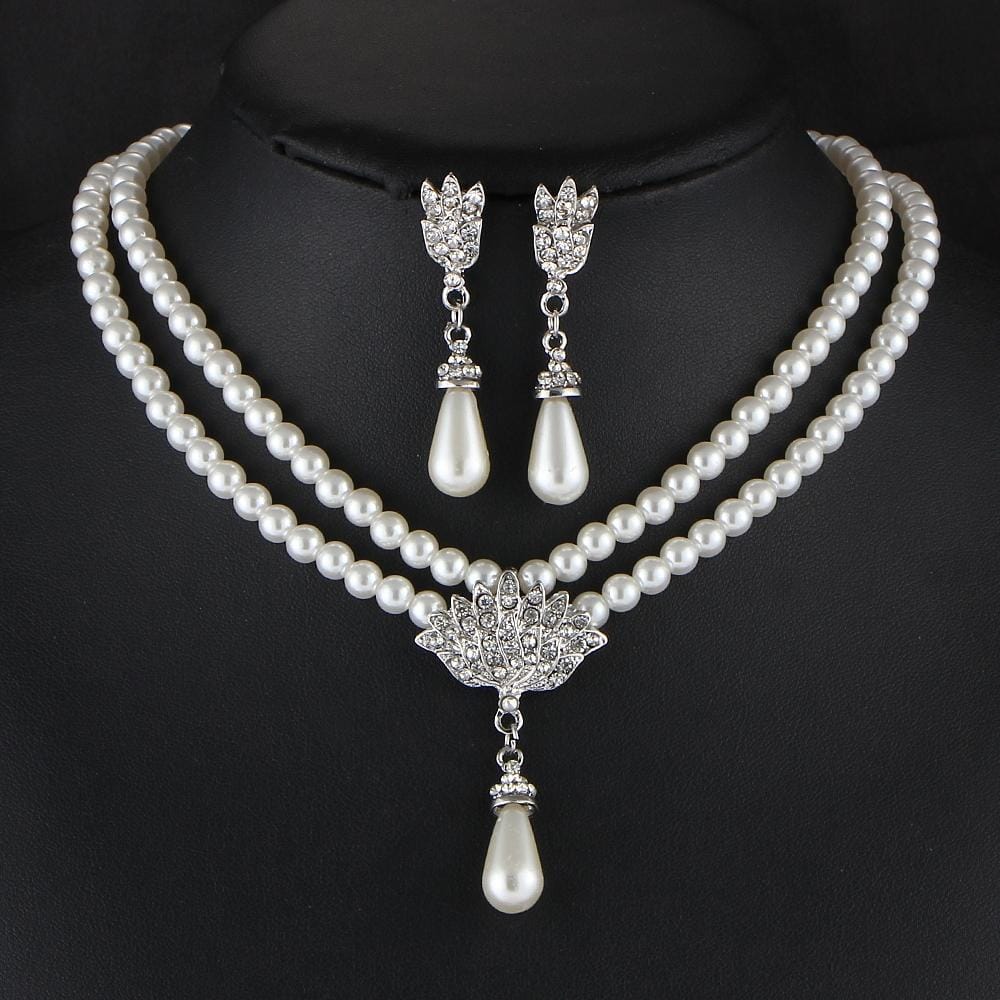 Temperament Imitation Pearl Diamond Short Clavicle Necklace Earring Jewelry Set (GEE04-02)