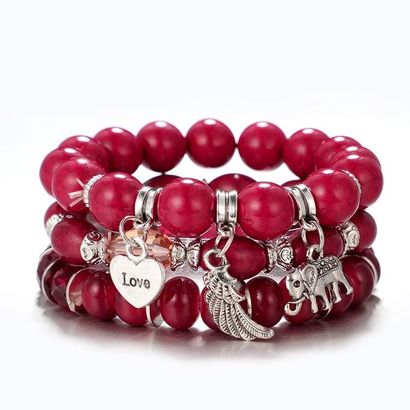 Couple Beaded Bracelets for Women Bohemian Multilayer Trendy Beads Bangles (Red)