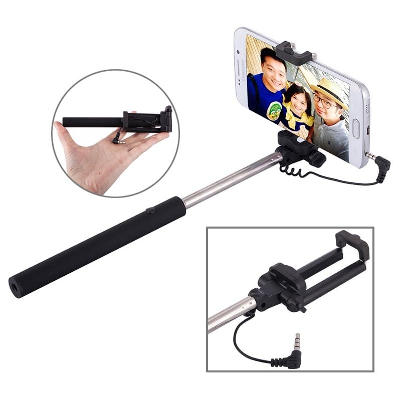Wire Controlled Metal Selfie Stick Monopod Folding Extendable Plam Handheld Holder for iOS & Android Phone, Folded Length: 16.6cm, Max Extension Length: 63.7cm (Black)