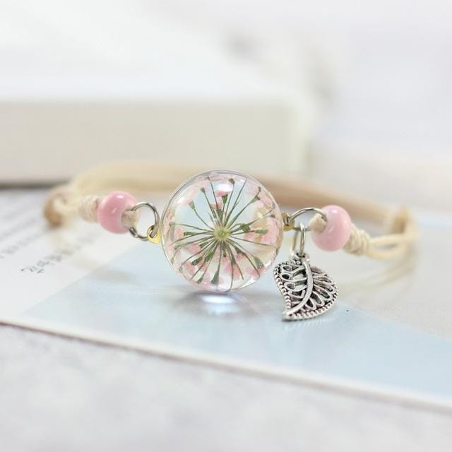 3 PCS Glass Bracelet Weave Lucky Flower Bracelets Handmade Dandelion Woven Dried Flowers Glass Beads Bracelet (Big Pink)